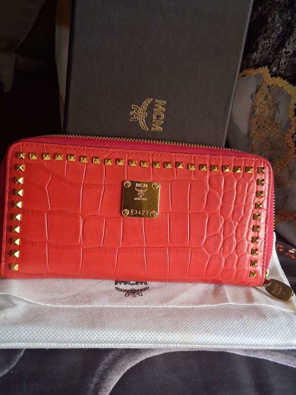 MCM Red Croc-Embossed Zip Around Wallet with Gold Studs